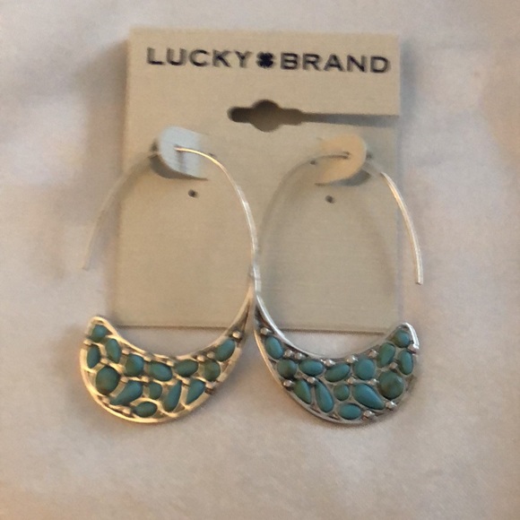 Lucky Brand Silver Tone Turquoise Stone Threader Hoop Earrings NWT - Picture 7 of 12